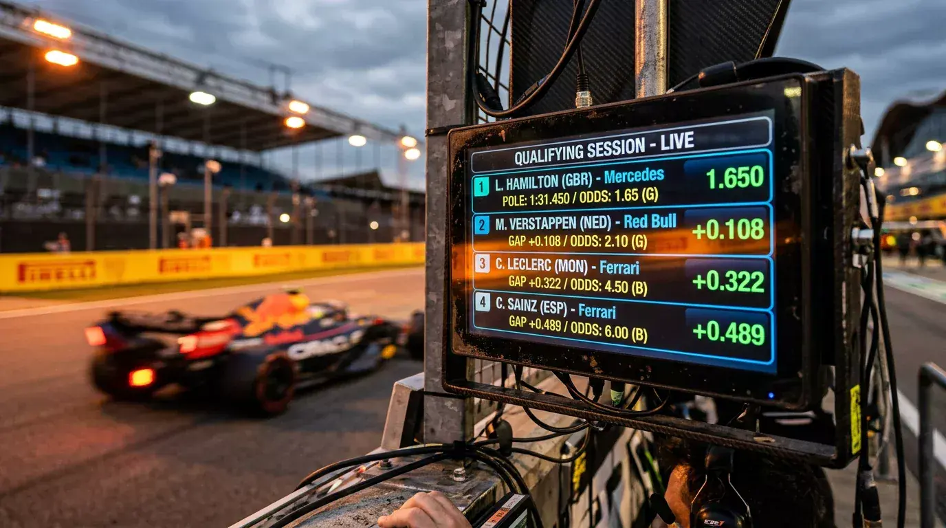 Pantallas de cuotas de apuestas de Formula 1 en un paddock de circuito